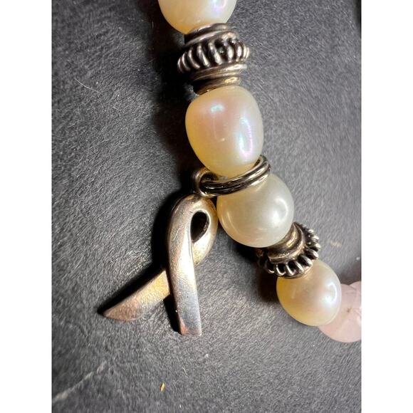 Vintage rose quartz pearls sterling silver breast cancer awareness bracelet - Picture 10 of 11